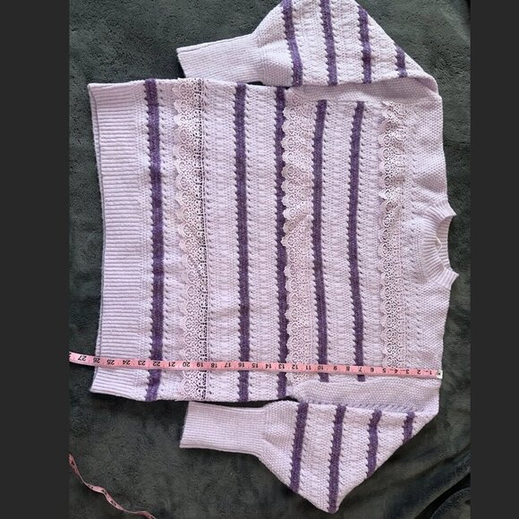 Purple Fringe Chunky Knit Lace Sweater Striped Ribbed Oversized - Picture 11 of 14